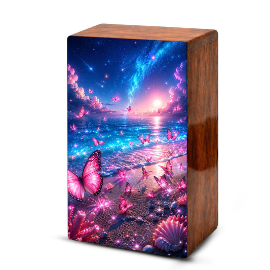 Pink Butterfly Beach Urn For Human Ashes - Wooden Cremation Urns With Butterflies