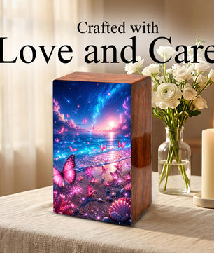 Pink Butterfly Beach Urn For Human Ashes - Wooden Cremation Urns With Butterflies