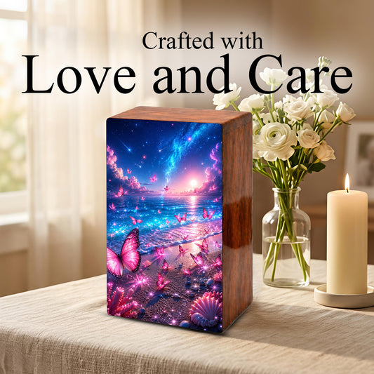 Pink Butterfly Beach Urn For Human Ashes - Wooden Cremation Urns With Butterflies