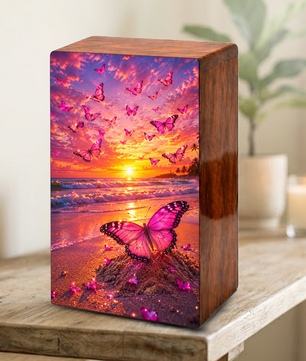 Pink Butterfly Urn For Ashes Female - Beach Scene Cremation Urns For Adult Women