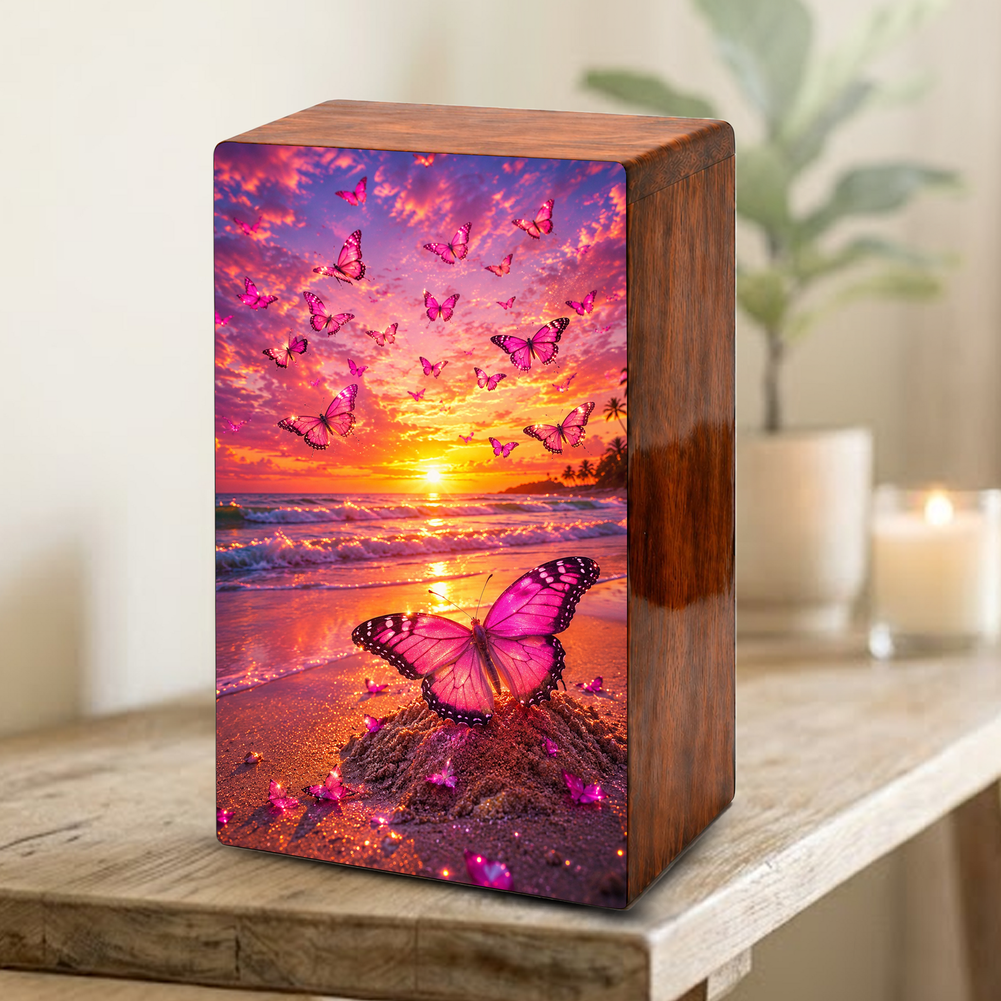 Pink Butterfly Urn For Ashes Female - Beach Scene Cremation Urns For Adult Women