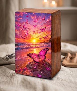Pink Butterfly Urn For Ashes Female - Beach Scene Cremation Urns For Adult Women