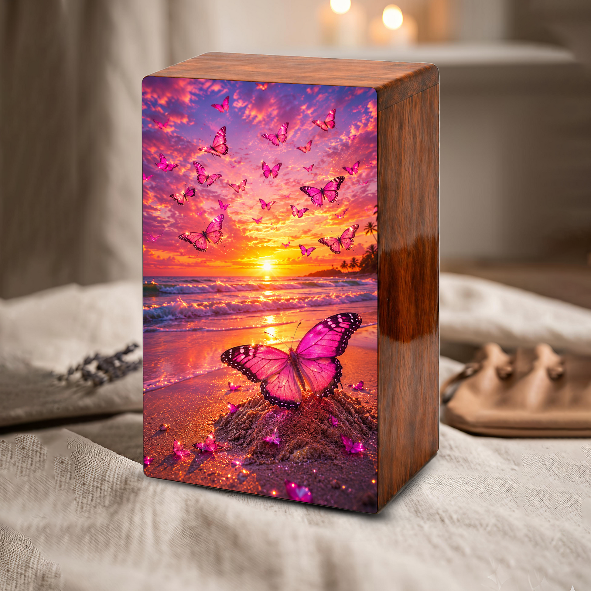 Pink Butterfly Urn For Ashes Female - Beach Scene Cremation Urns For Adult Women