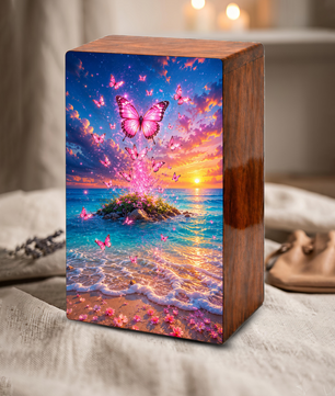 Pink Butterfly Beach Urn For Ashes Women - Nature Scene Cremation Urns With Butterflies