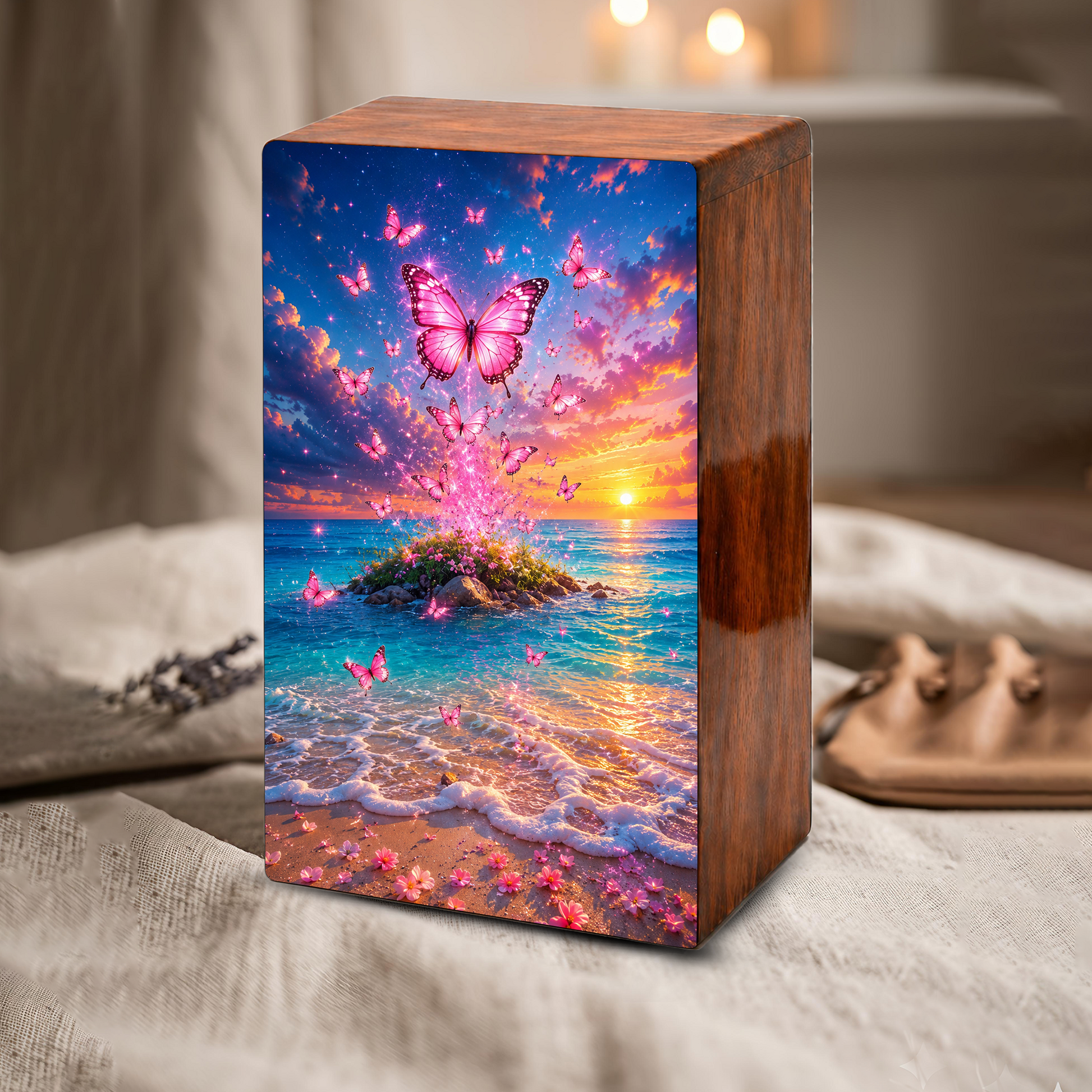 Pink Butterfly Beach Urn For Ashes Women - Nature Scene Cremation Urns With Butterflies