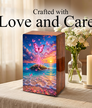 Pink Butterfly Beach Urn For Ashes Women - Nature Scene Cremation Urns With Butterflies