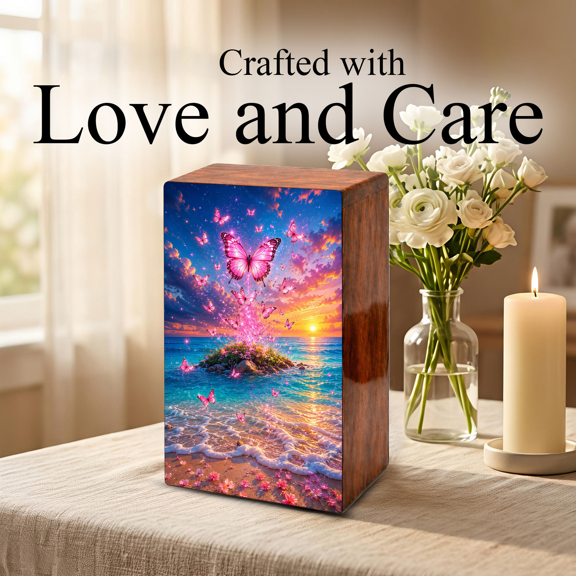 Pink Butterfly Beach Urn For Ashes Women - Nature Scene Cremation Urns With Butterflies