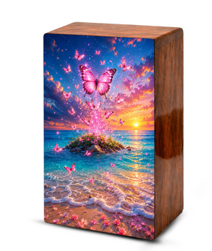 Pink Butterfly Beach Urn For Ashes Women - Nature Scene Cremation Urns With Butterflies