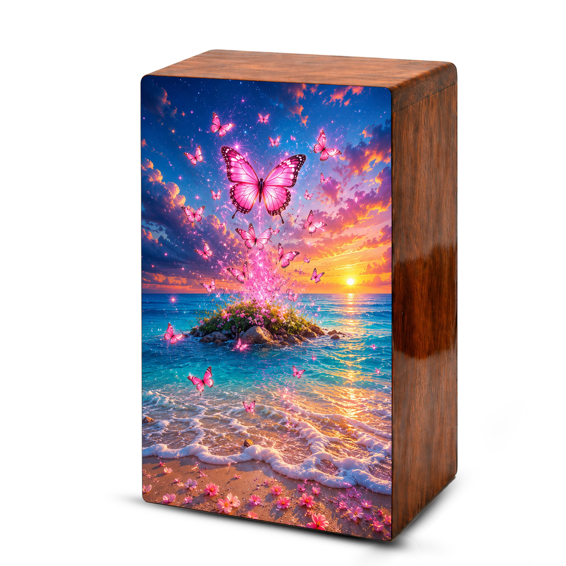 Pink Butterfly Beach Urn For Ashes Women - Nature Scene Cremation Urns With Butterflies