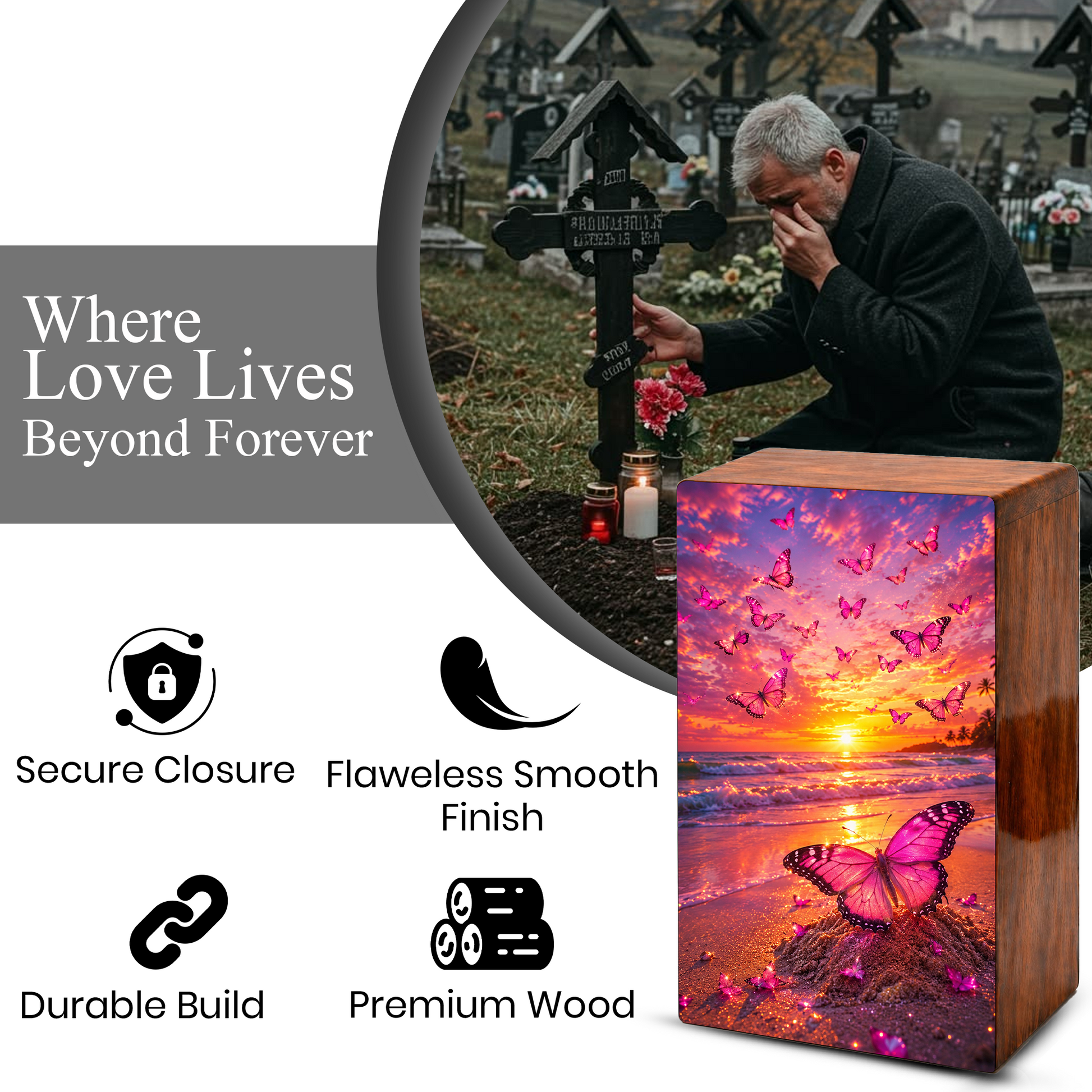 Pink Butterfly Urn For Ashes Female - Beach Scene Cremation Urns For Adult Women