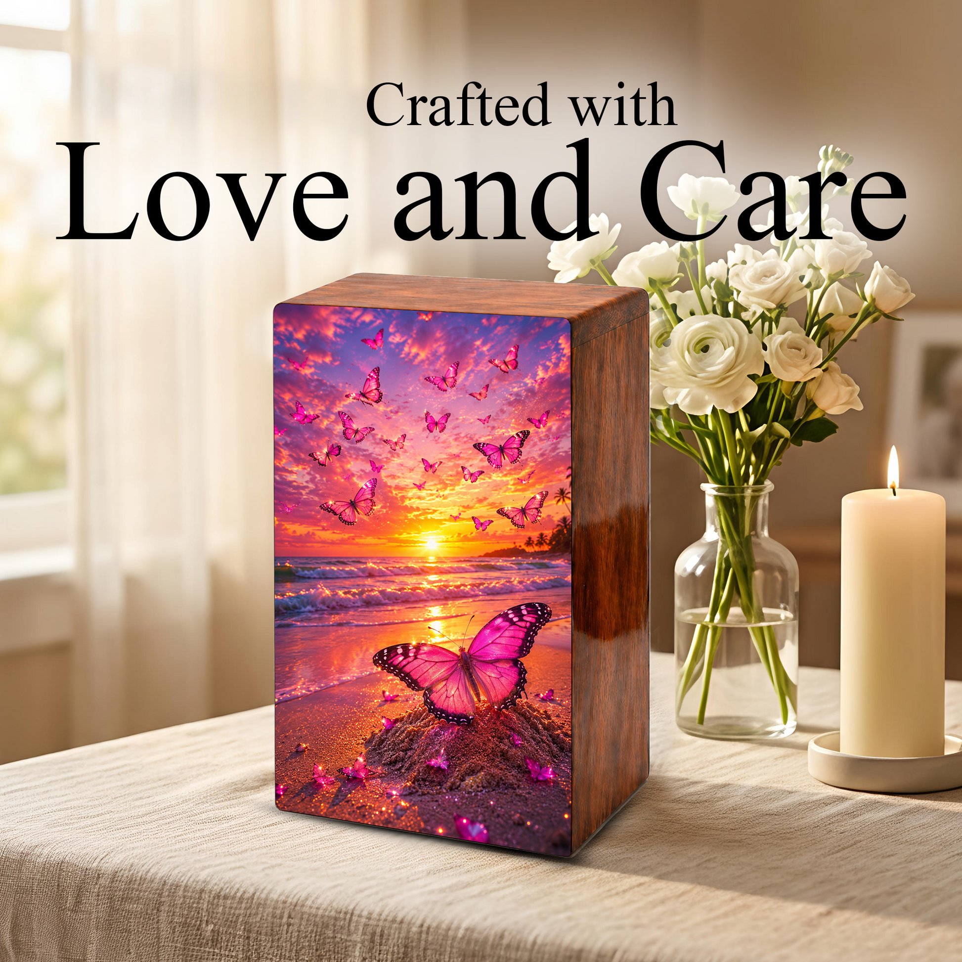 Pink Butterfly Urn For Ashes Female - Beach Scene Cremation Urns For Adult Women