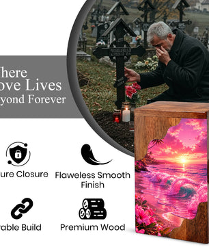 Pink Ocean Wooden Cremation Urn – Beach Theme Wooden Urn for Human Ashes