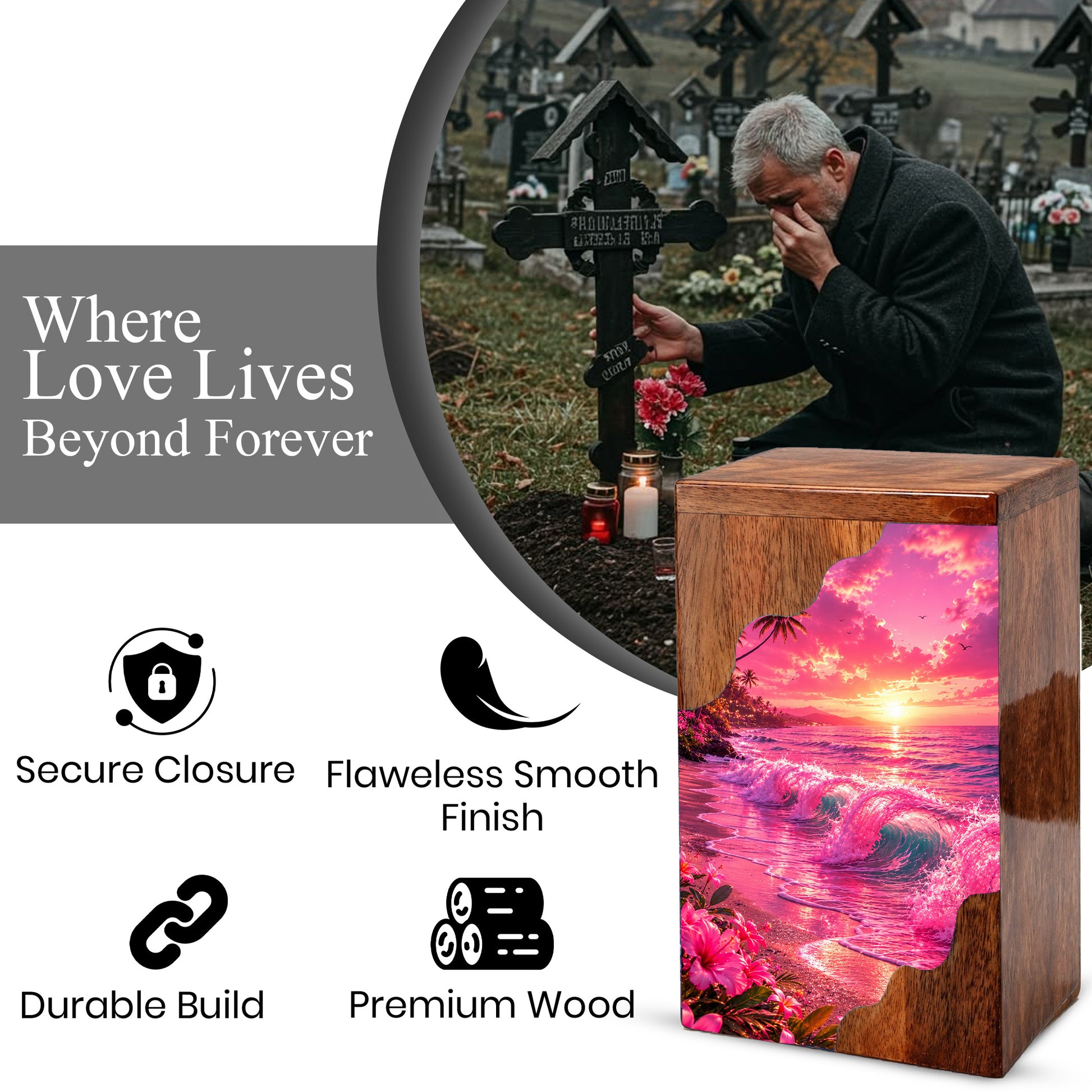 Pink Ocean Wooden Cremation Urn – Beach Theme Wooden Urn for Human Ashes