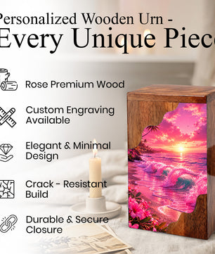 Pink Ocean Wooden Cremation Urn – Beach Theme Wooden Urn for Human Ashes