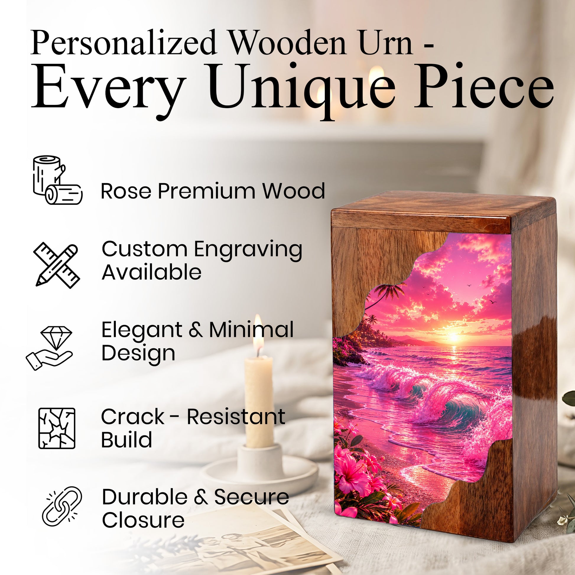 Pink Ocean Wooden Cremation Urn – Beach Theme Wooden Urn for Human Ashes