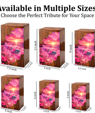 Pink Ocean Wooden Cremation Urn – Beach Theme Wooden Urn for Human Ashes