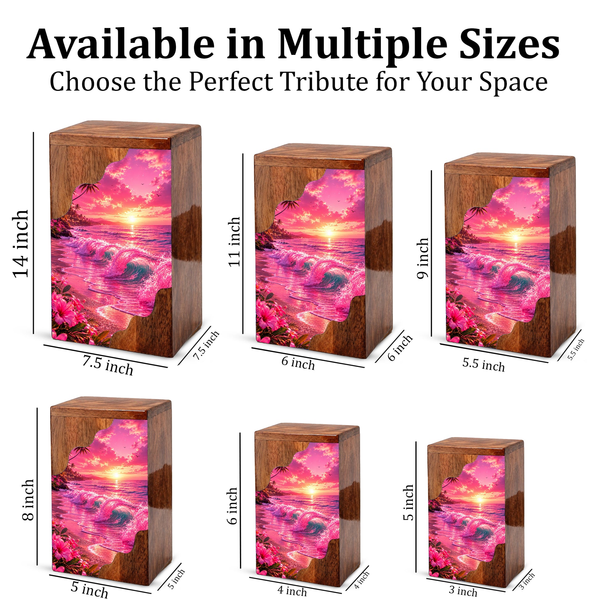 Pink Ocean Wooden Cremation Urn – Beach Theme Wooden Urn for Human Ashes