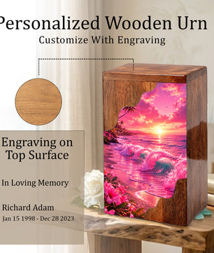 Pink Ocean Wooden Cremation Urn – Beach Theme Wooden Urn for Human Ashes