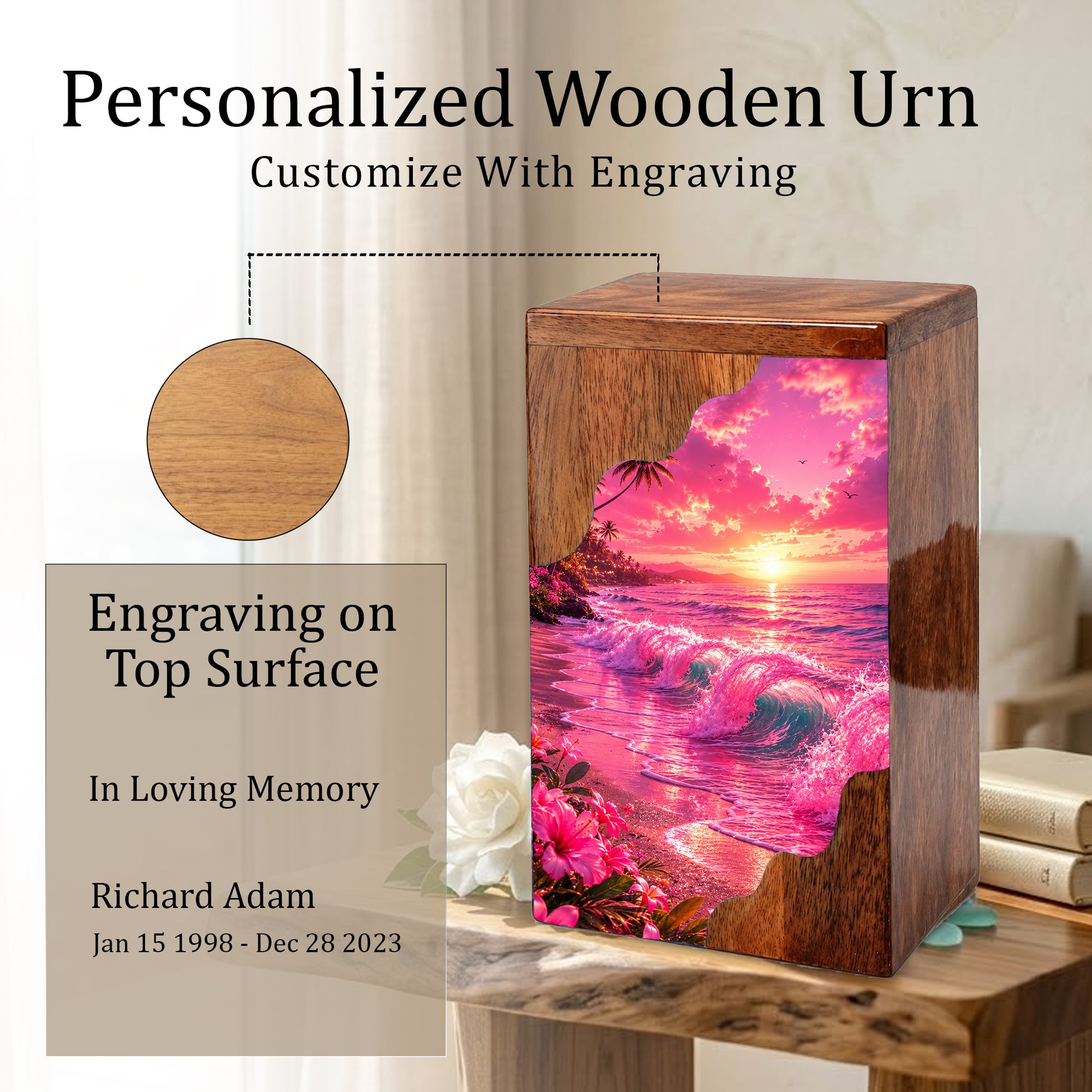 Pink Ocean Wooden Cremation Urn – Beach Theme Wooden Urn for Human Ashes