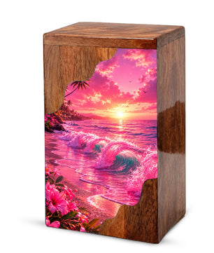 Pink Ocean Wooden Cremation Urn – Beach Theme Wooden Urn for Human Ashes