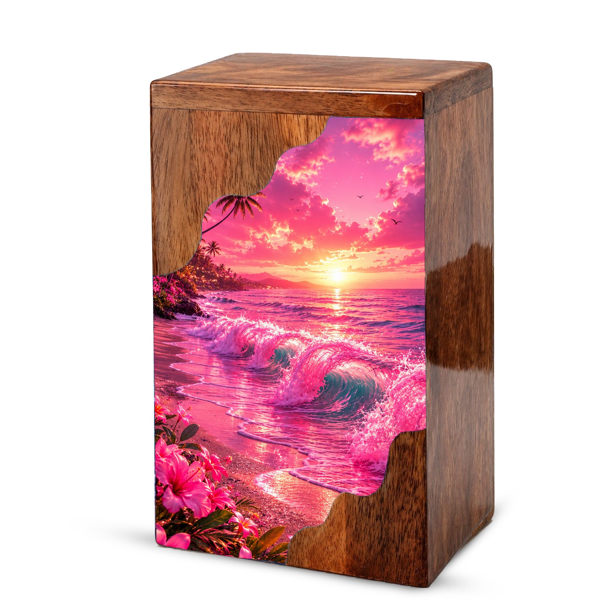 Pink Ocean Wooden Cremation Urn – Beach Theme Wooden Urn for Human Ashes