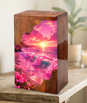 Pink Ocean Wooden Cremation Urn – Beach Theme Wooden Urn for Human Ashes