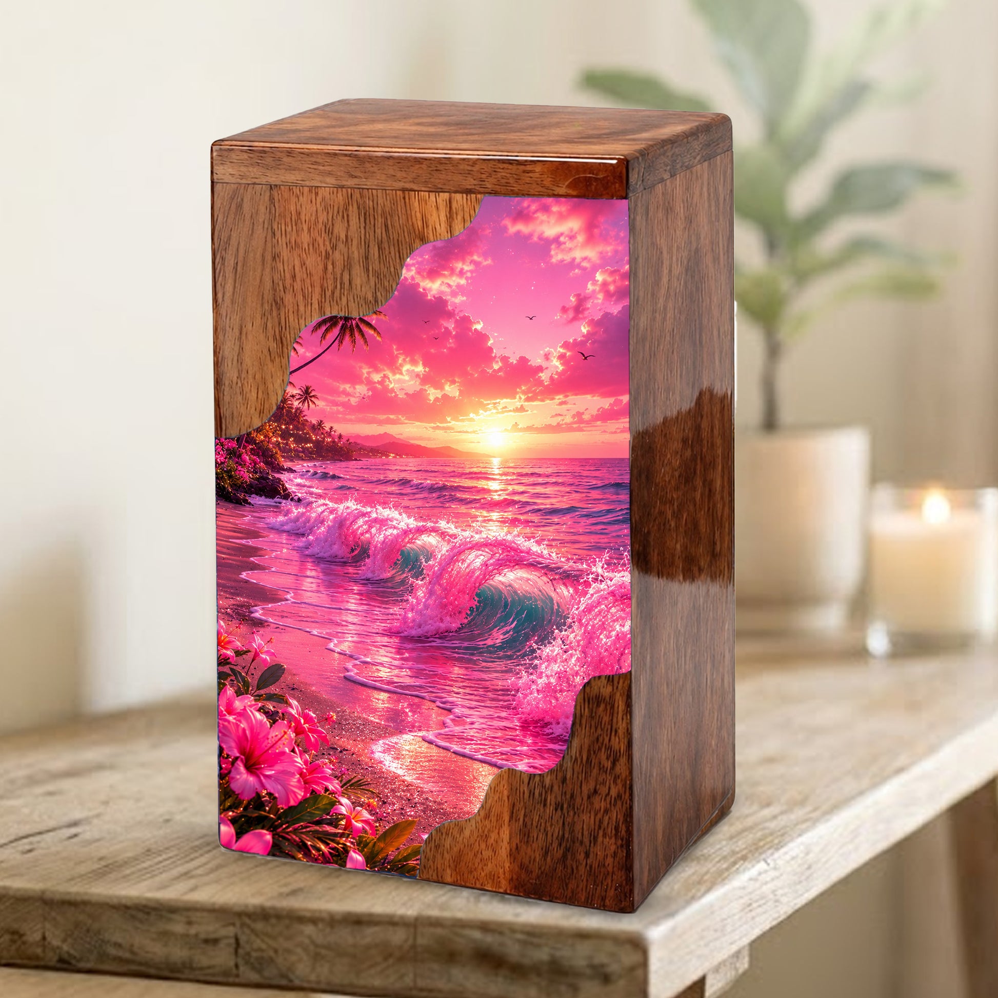Pink Ocean Wooden Cremation Urn – Beach Theme Wooden Urn for Human Ashes