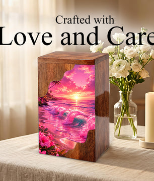 Pink Ocean Wooden Cremation Urn – Beach Theme Wooden Urn for Human Ashes