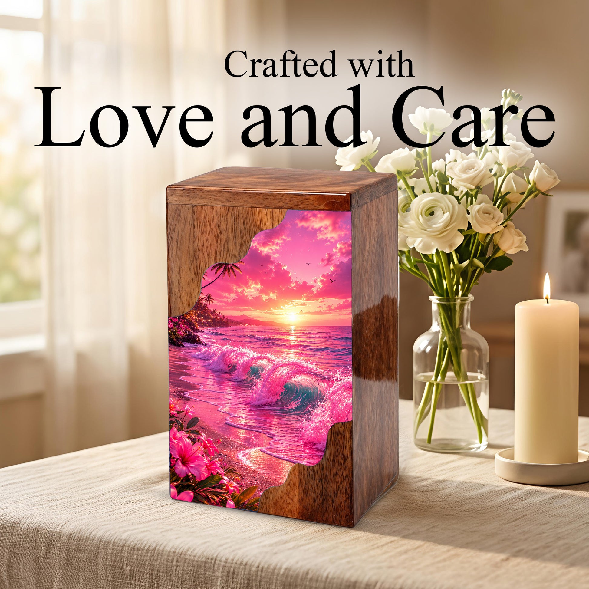 Pink Ocean Wooden Cremation Urn – Beach Theme Wooden Urn for Human Ashes