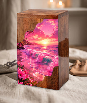 Pink Ocean Wooden Cremation Urn – Beach Theme Wooden Urn for Human Ashes