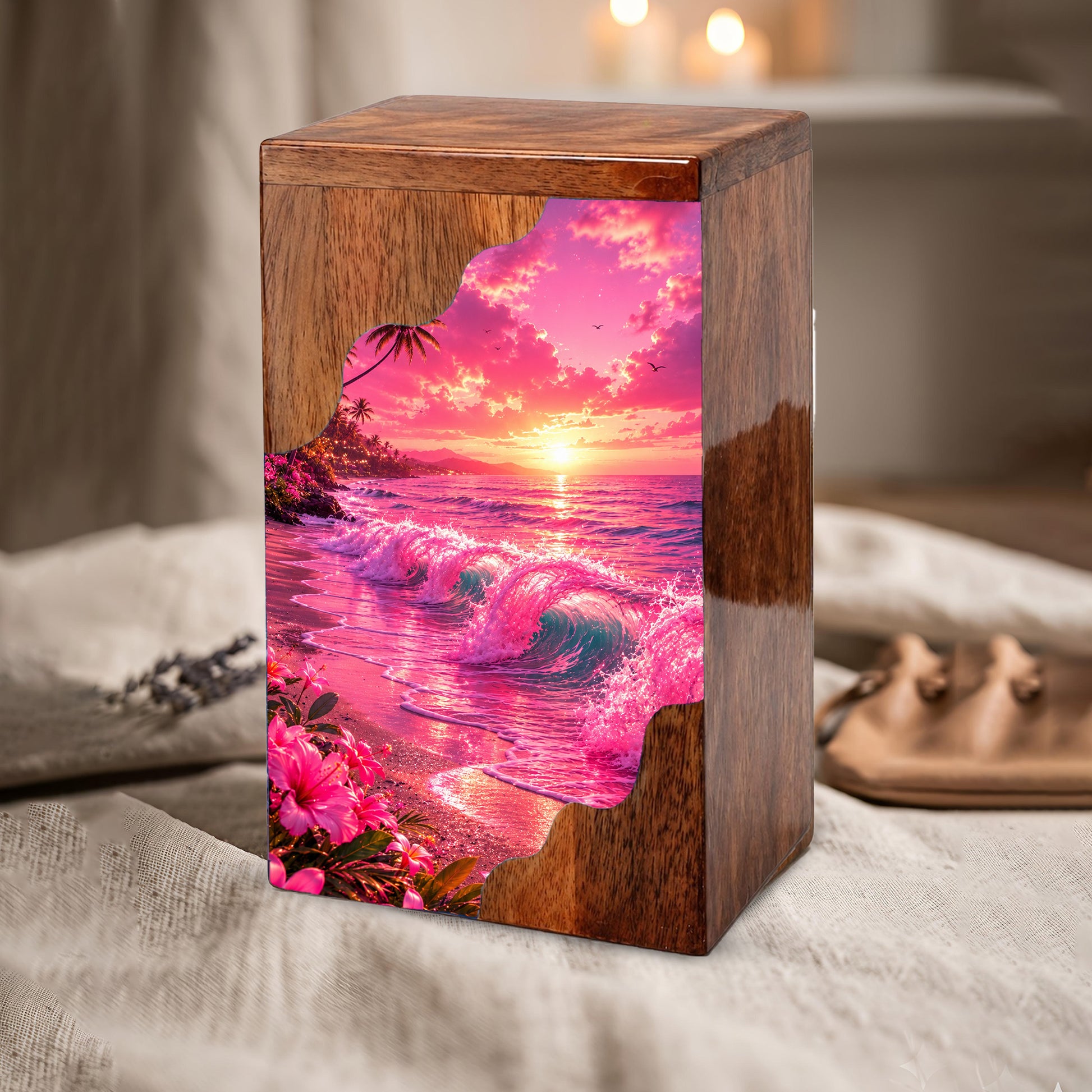 Pink Ocean Wooden Cremation Urn – Beach Theme Wooden Urn for Human Ashes