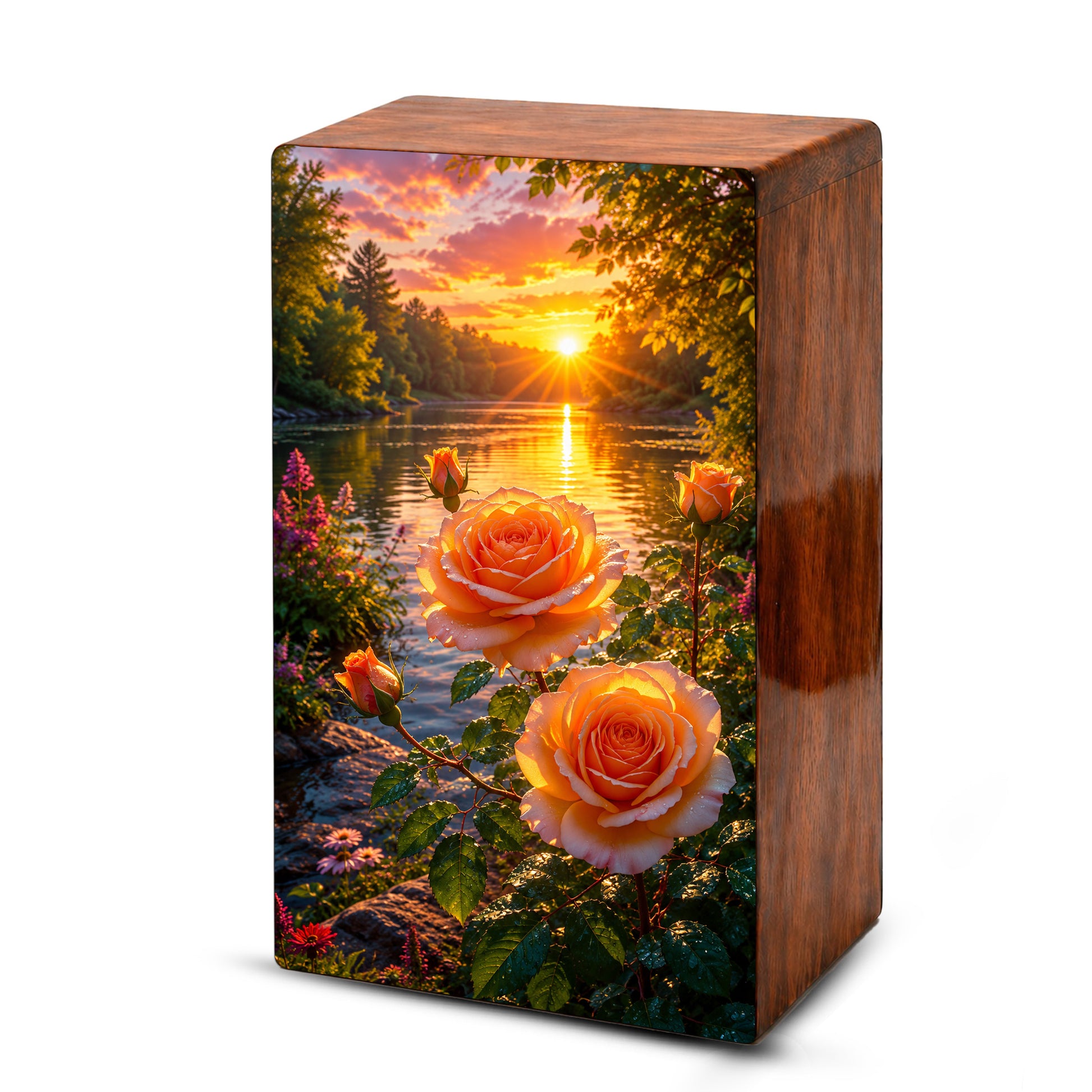 Pink Rose Flower Urn For Adult Ashes - Funeral Flowers Wooden Cremation Urn Box