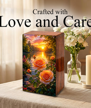 Pink Rose Flower Urn For Adult Ashes - Funeral Flowers Wooden Cremation Urn Box