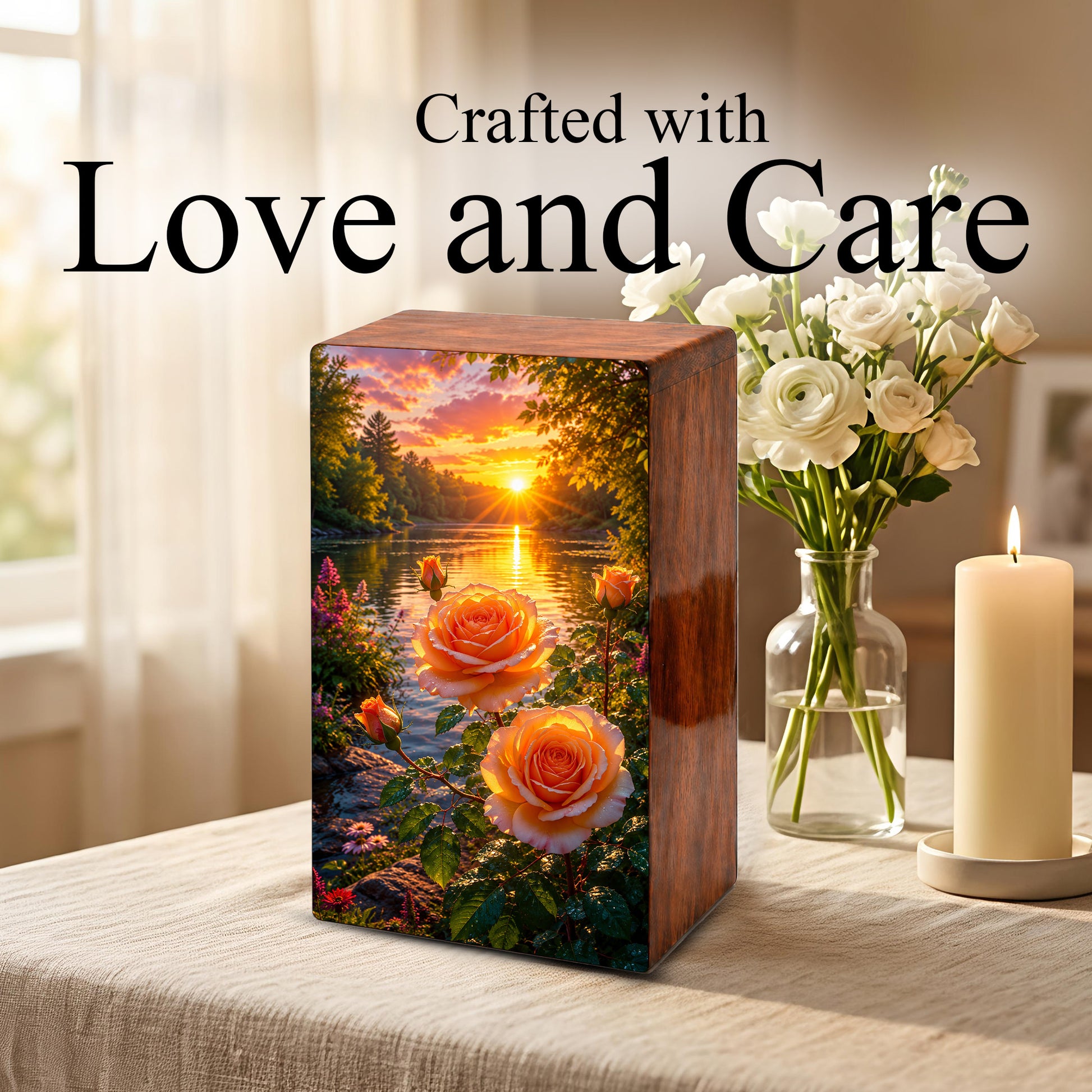 Pink Rose Flower Urn For Adult Ashes - Funeral Flowers Wooden Cremation Urn Box
