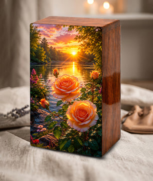Pink Rose Flower Urn For Adult Ashes - Funeral Flowers Wooden Cremation Urn Box