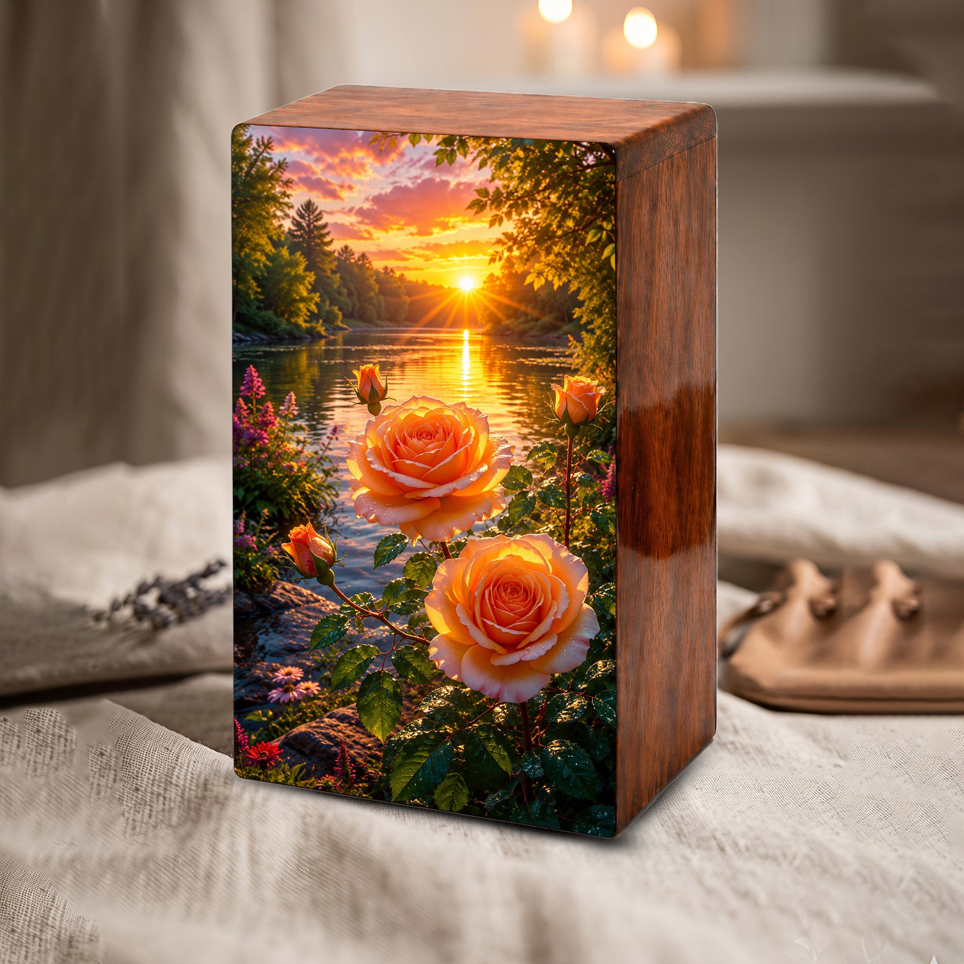 Pink Rose Flower Urn For Adult Ashes - Funeral Flowers Wooden Cremation Urn Box