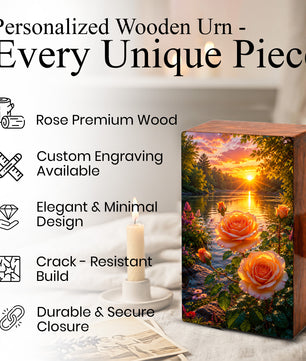 Pink Rose Flower Urn For Adult Ashes - Funeral Flowers Wooden Cremation Urn Box