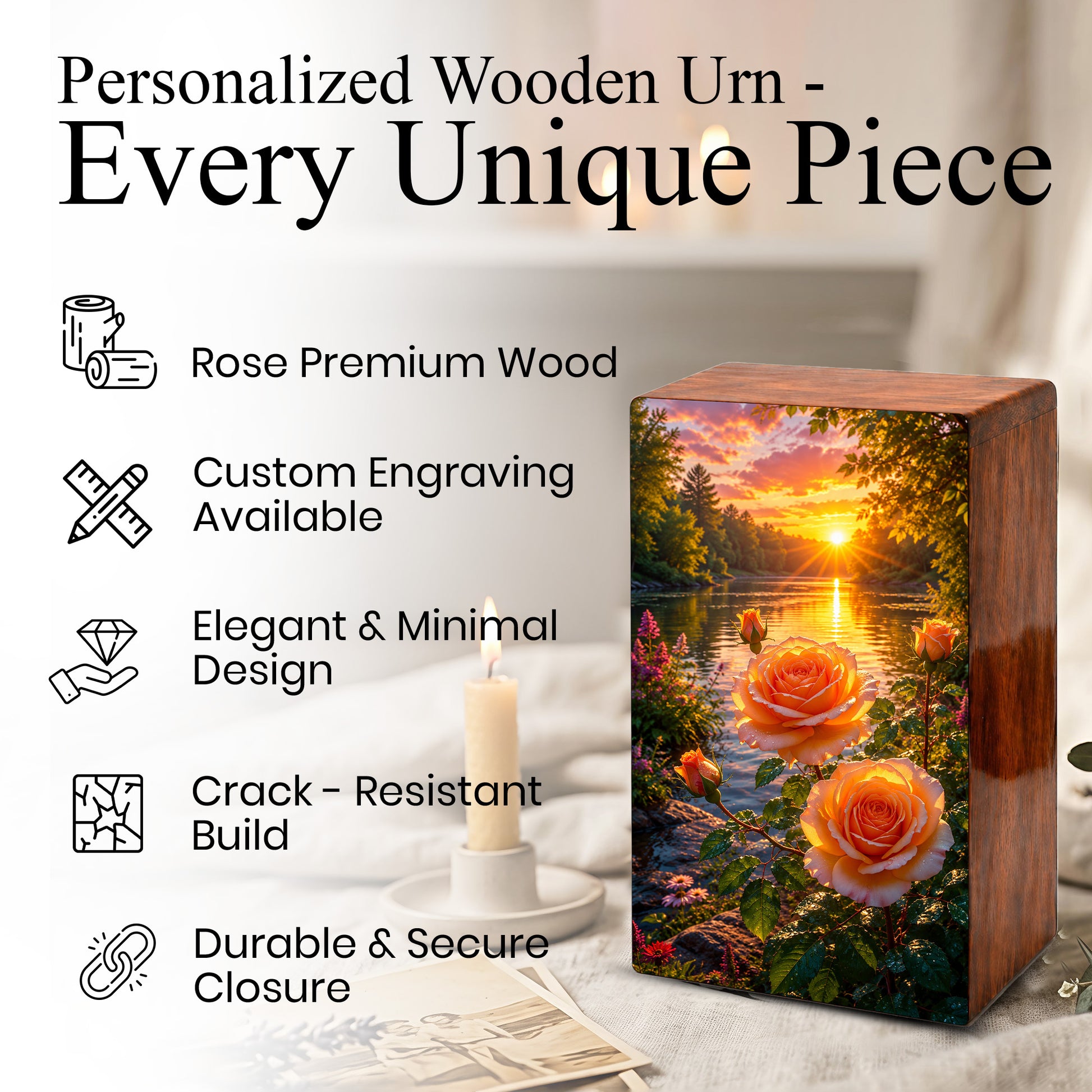 Pink Rose Flower Urn For Adult Ashes - Funeral Flowers Wooden Cremation Urn Box