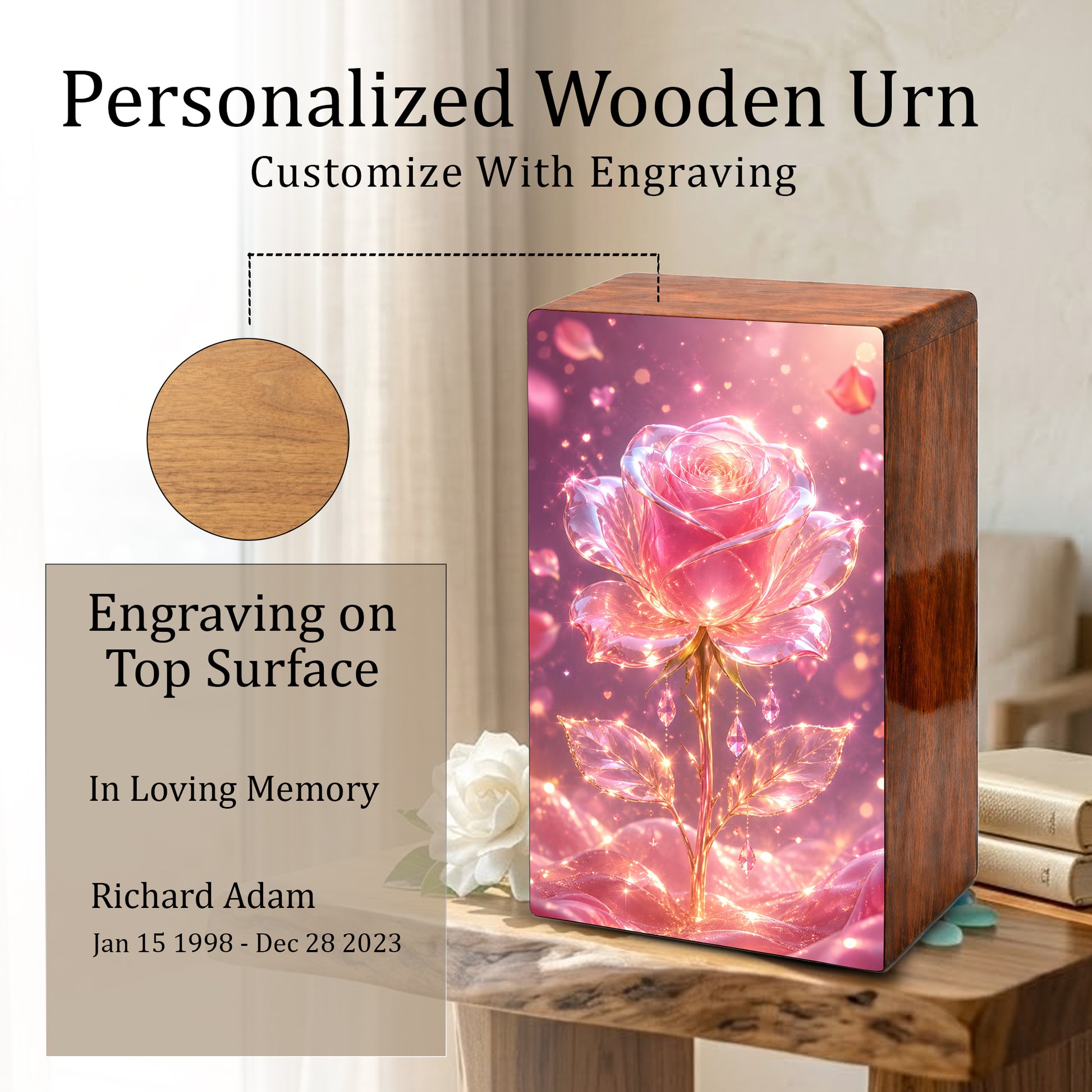 Pink Rose Urn For Human Ashes - Flower Cremation Urns For Male and Female