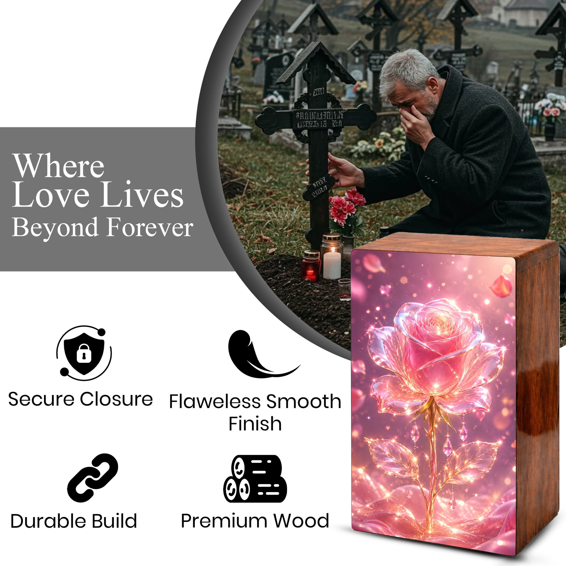 Pink Rose Urn For Human Ashes - Flower Cremation Urns For Male and Female