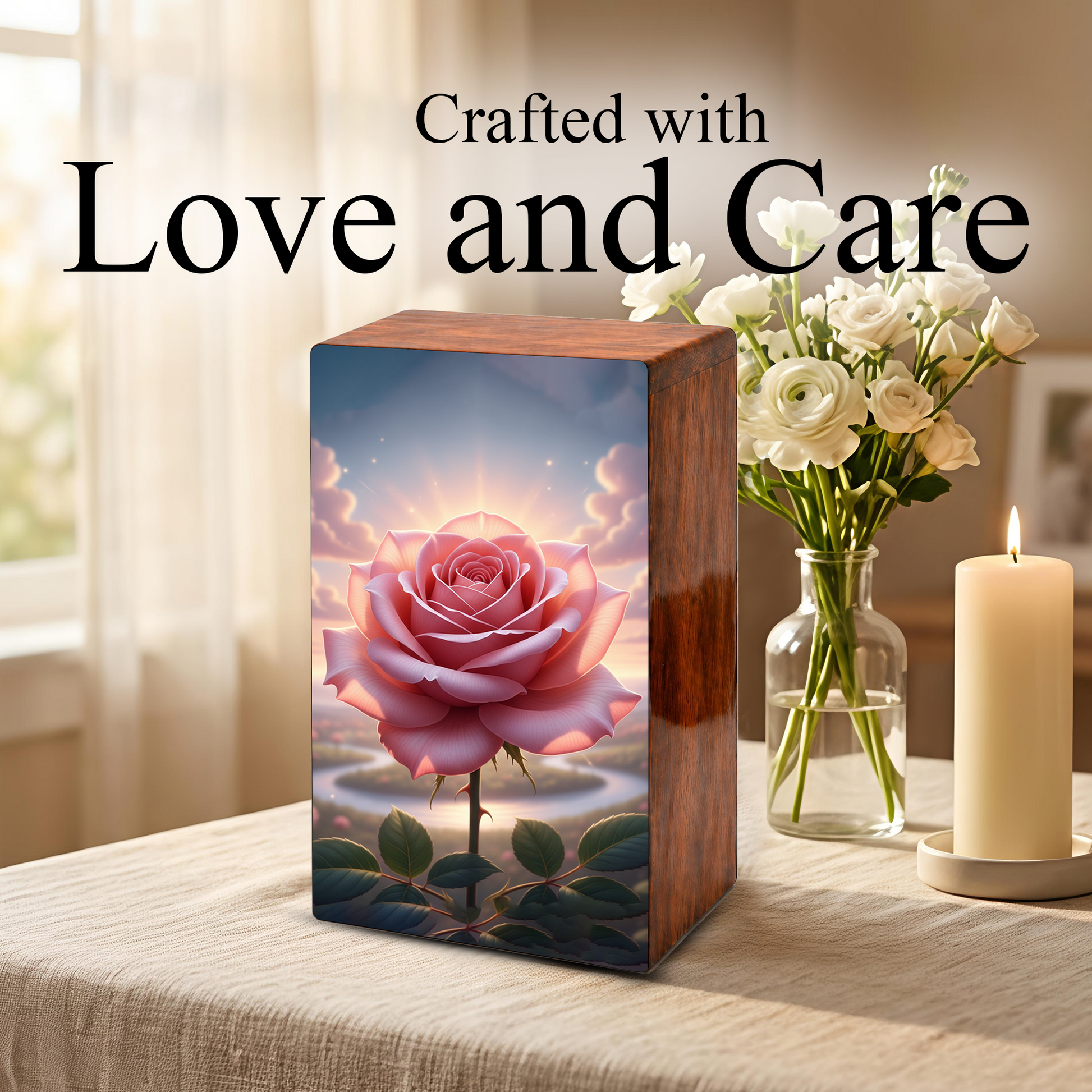 Pink Rose Wooden Urn for Ashes - Personalized Rose Flower Cremation Urns