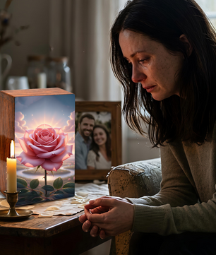 Pink Rose Wooden Urn for Ashes - Personalized Rose Flower Cremation Urns