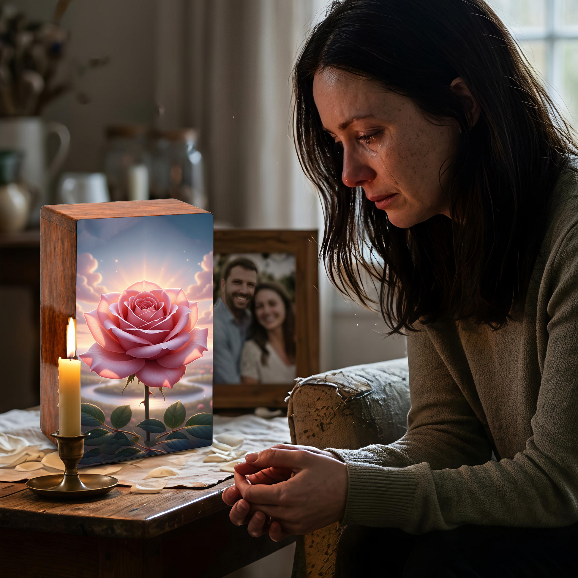 Pink Rose Wooden Urn for Ashes - Personalized Rose Flower Cremation Urns