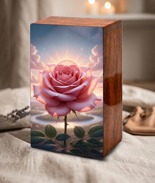 Pink Rose Wooden Urn for Ashes - Personalized Rose Flower Cremation Urns