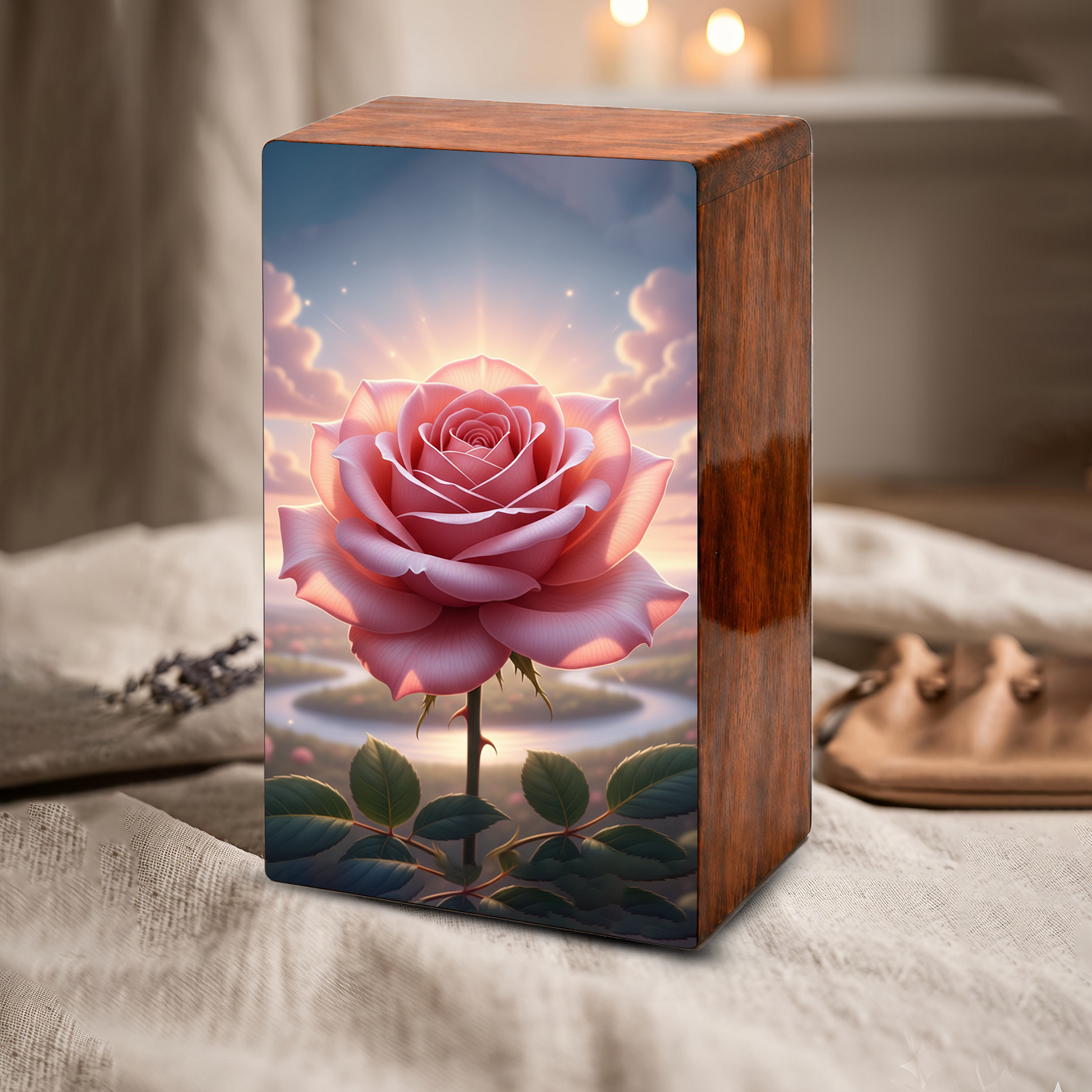 Pink Rose Wooden Urn for Ashes - Personalized Rose Flower Cremation Urns