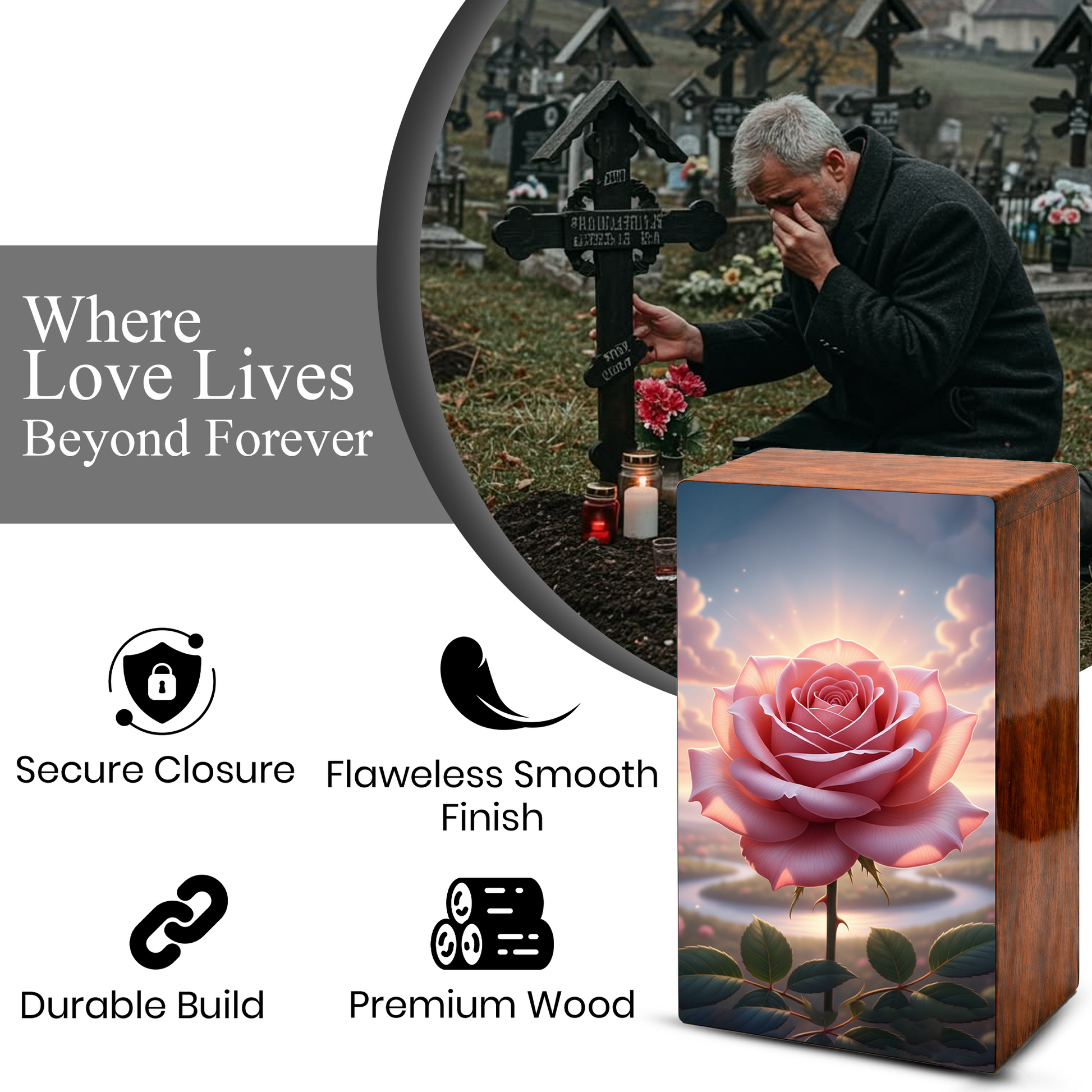 Pink Rose Wooden Urn for Ashes - Personalized Rose Flower Cremation Urns