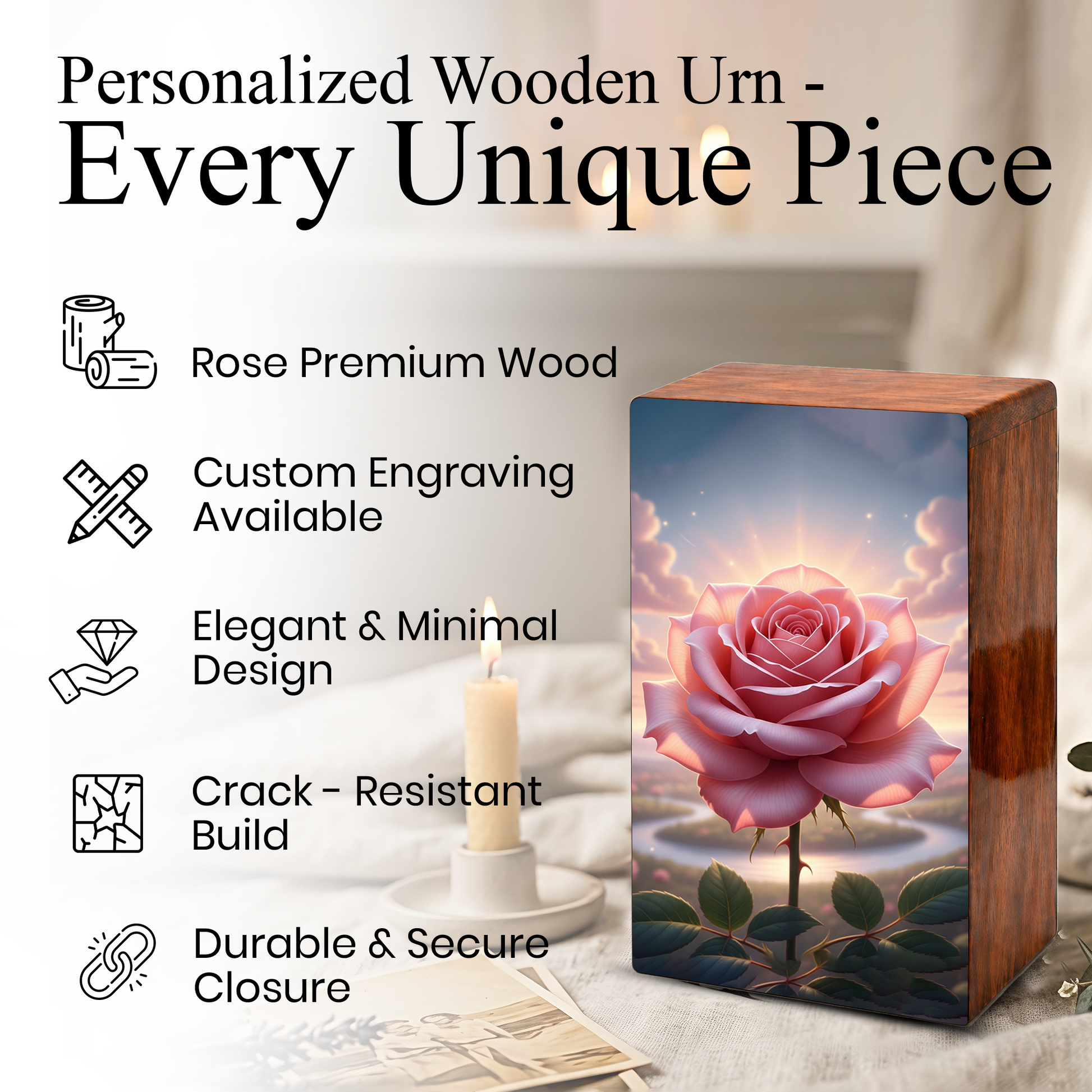 Pink Rose Wooden Urn for Ashes - Personalized Rose Flower Cremation Urns