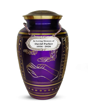 Purple Butterfly Engraved Urn For Ashes - Commemorative Brass Burial Urns (10", 200CU)