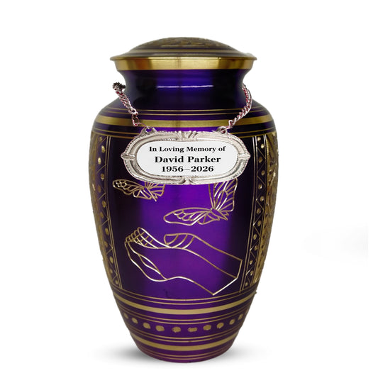 Purple Butterfly Engraved Urn For Ashes - Commemorative Brass Burial Urns (10", 200CU)