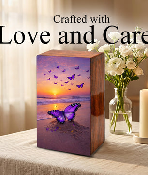 Purple Butterfly Urn For Ashes - Ocean Sunset Beach Keepsake Urns with Butterflies
